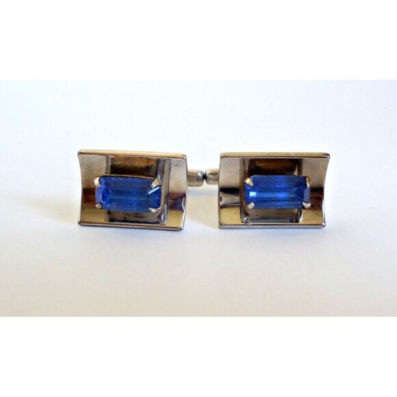 Vintage Cufflinks Retro Hickok Blue Rhinestone Cuff Links Mid Century 1950's - Picture 1 of 3